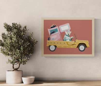 Colourful landscape digital illustration of a polar bear driving a yellow vintage beach car with a pink freezer and penguins, in a playful retro style. Horizontal wall art for a living room, office, or child’s room.