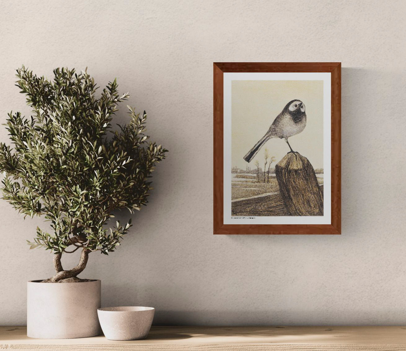 Vintage vertical digital art print of a wagtail perched on a wooden post above a quiet rural landscape, illustrated in warm cream, brown and black tones, ideal as nature-inspired wall art.