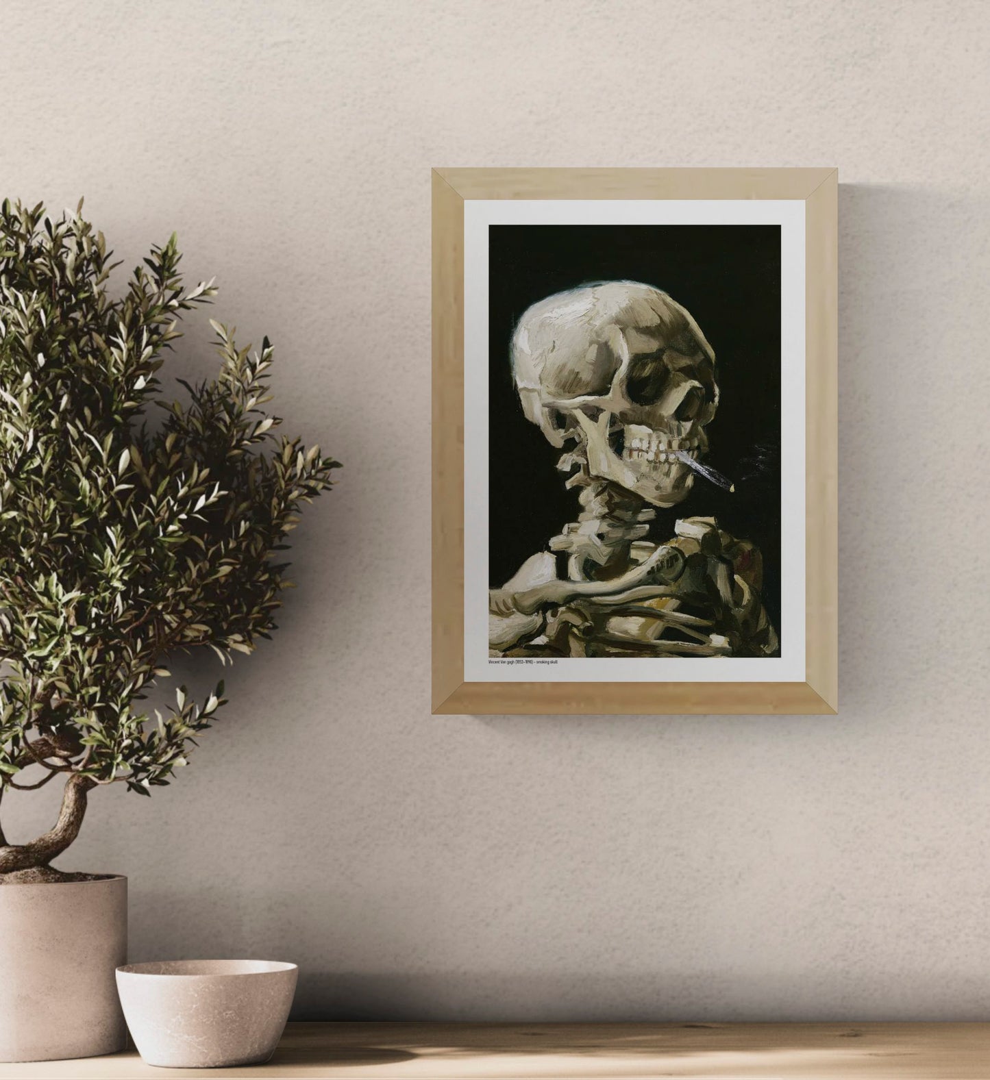 Vertical digital art print of a smoking human skeleton by Vincent van Gogh, painted in expressive beige, brown and olive tones against a deep black background, ideal for bold wall art, offices, studios and eclectic home decor.