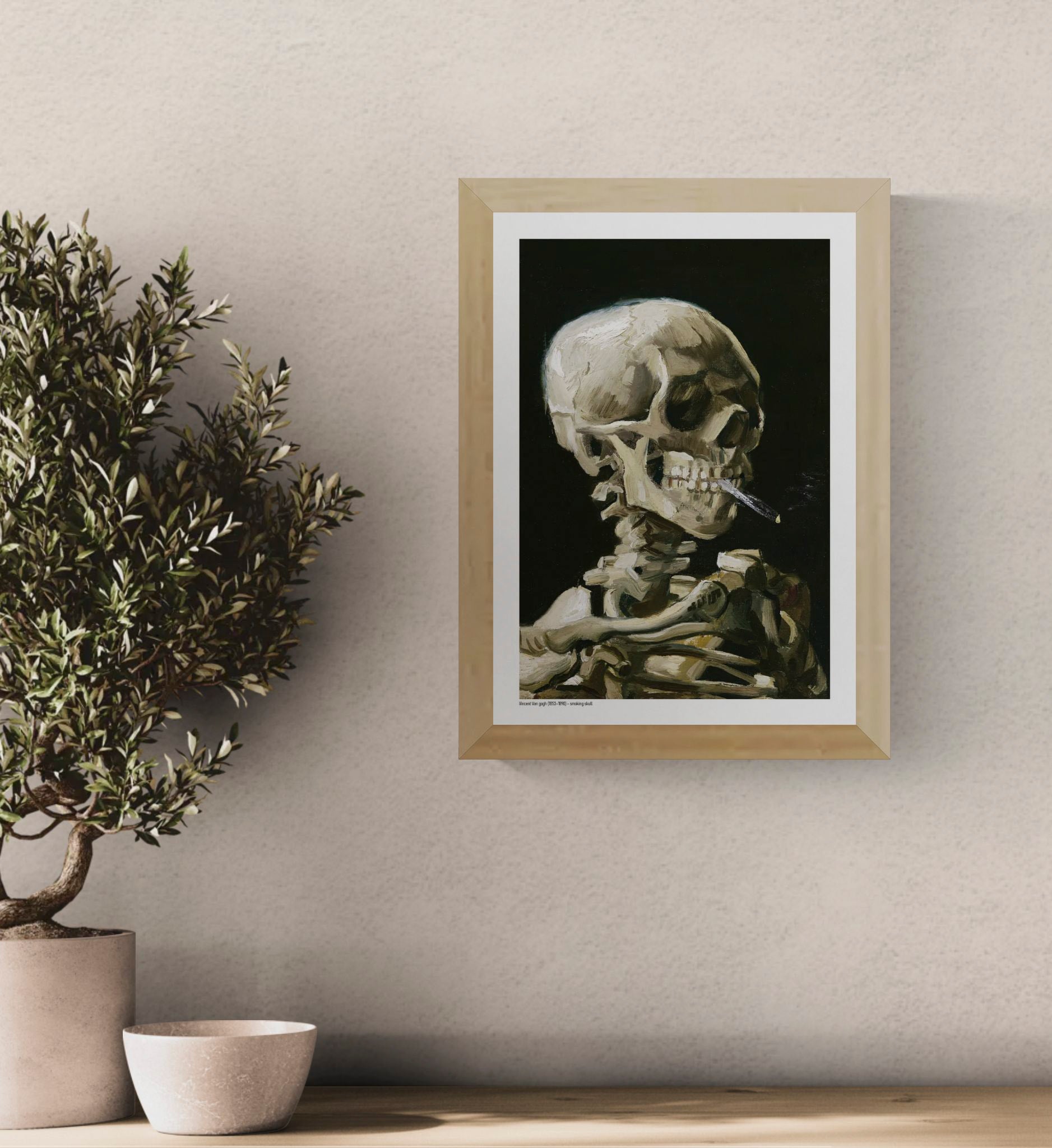 Vertical digital art print of a smoking human skeleton by Vincent van Gogh, painted in expressive beige, brown and olive tones against a deep black background, ideal for bold wall art, offices, studios and eclectic home decor.