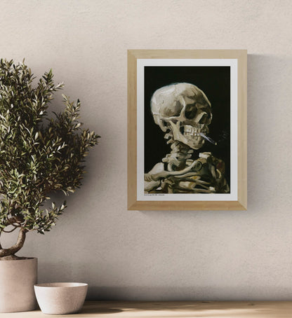 Vertical digital art print of a smoking human skeleton by Vincent van Gogh, painted in expressive beige, brown and olive tones against a deep black background, ideal for bold wall art, offices, studios and eclectic home decor.