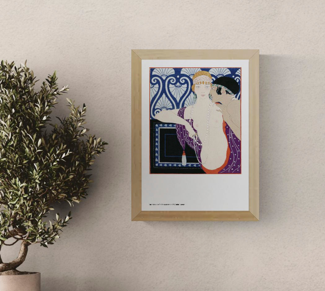 Portrait-oriented Art Deco illustration of two elegantly dressed figures in blue, purple, red and cream, with pearls and decorative patterns, reproduced as an A4 digital print for bedroom or gallery wall decor.