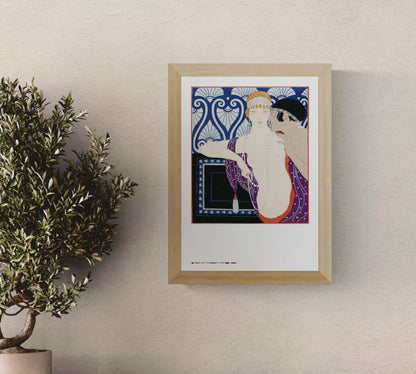 Portrait-oriented Art Deco illustration of two elegantly dressed figures in blue, purple, red and cream, with pearls and decorative patterns, reproduced as an A4 digital print for bedroom or gallery wall decor.
