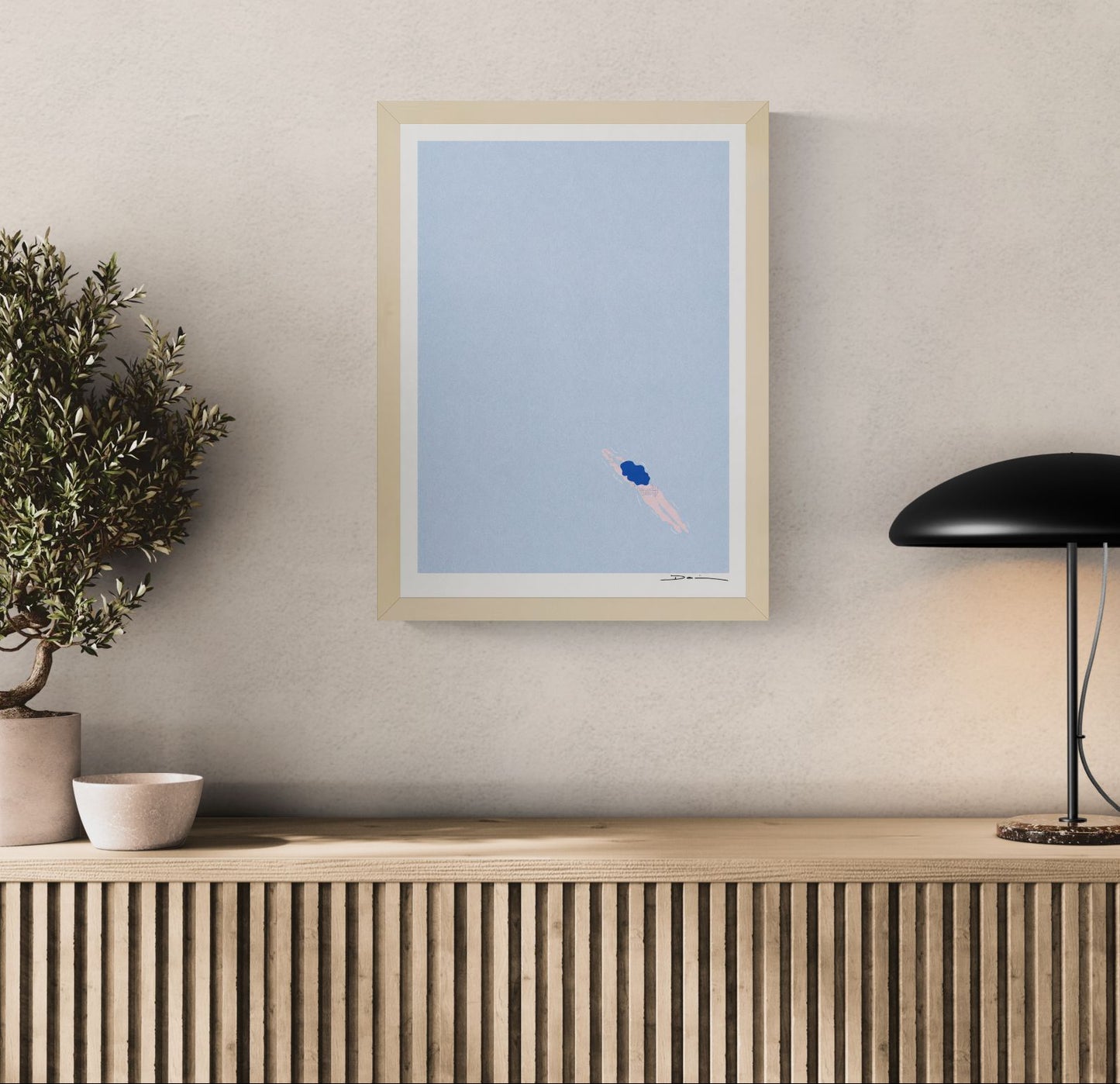Minimalist risograph art print of a lone swimmer floating in a pale blue sea by Studio Stoutpoep. Soft pastel colors, portrait orientation, calming contemporary wall art for modern interiors.