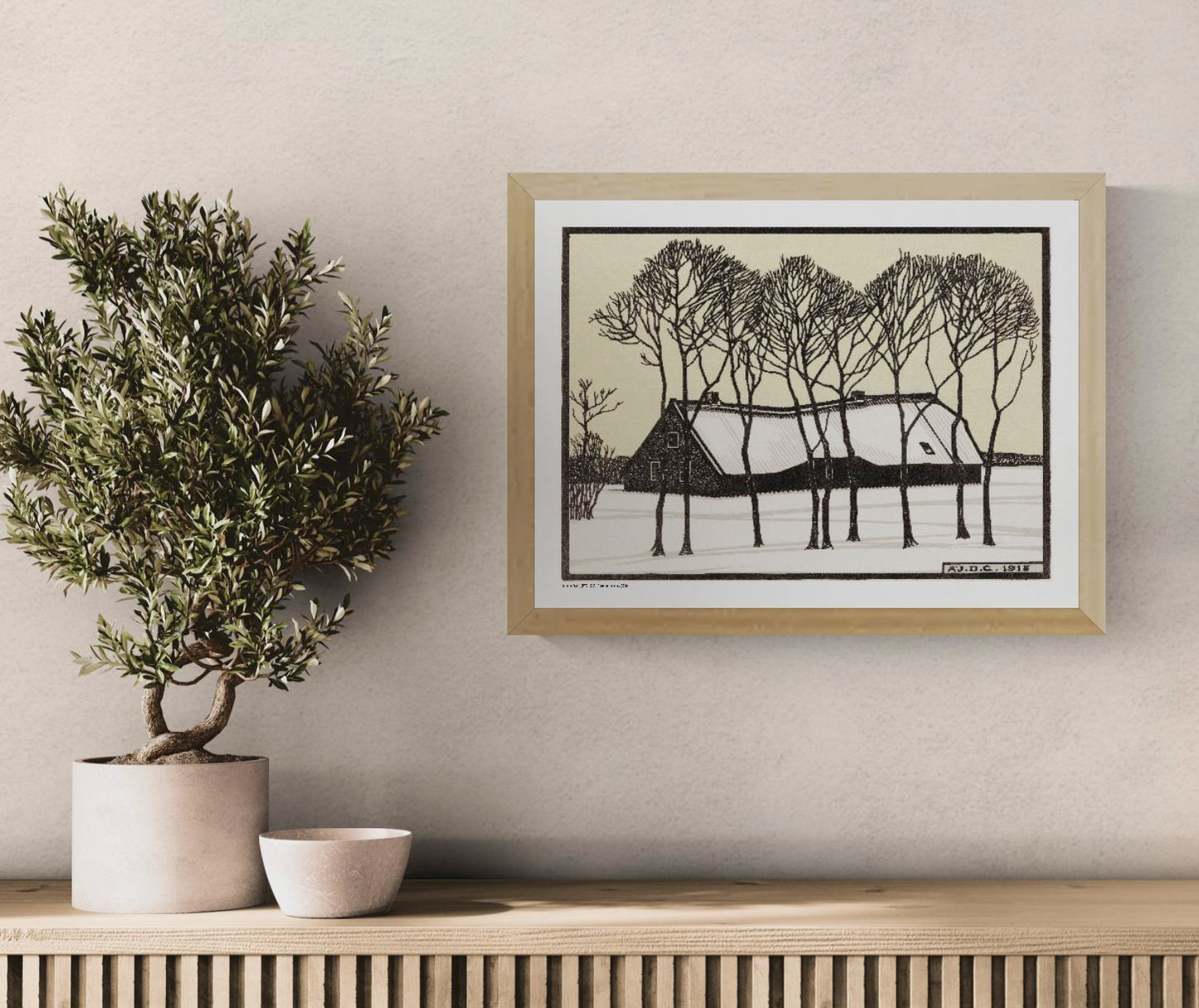 Black and cream winter landscape by Julie de Graag showing a snow-covered farmhouse behind tall bare trees, reproduced as a horizontal digital print for calm wall art and natural home decor.