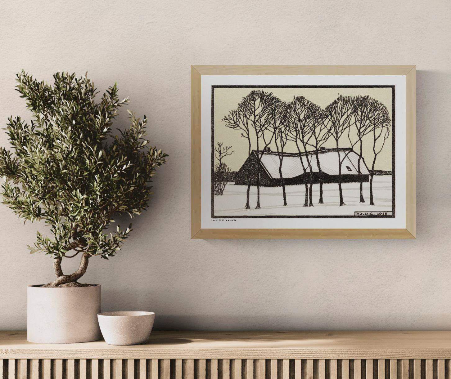 Black and cream winter landscape by Julie de Graag showing a snow-covered farmhouse behind tall bare trees, reproduced as a horizontal digital print for calm wall art and natural home decor.