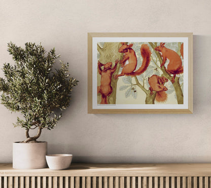Horizontal Art Nouveau illustration of four red squirrels climbing oak trees, rendered in warm orange, cream and muted green tones. A decorative digital art print for living rooms, studies and nature-inspired walls.
