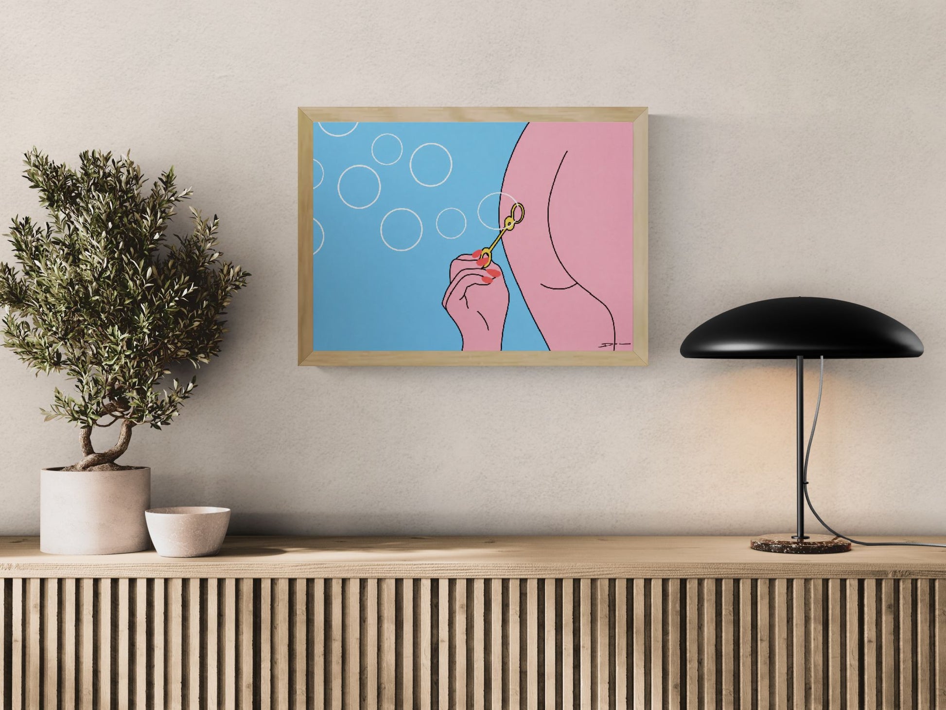 Minimalist digital art print showing a person blowing soap bubbles through a bubble wand held between the buttocks, featuring soft pink tones, blue background, clean black lines, and playful contemporary illustration for modern wall decor.