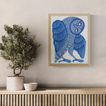 A Wing and a Prayer by Strangford, vertical A3 risograph art print of a stylised owl in dark blue and mint green with detailed graphic feathers, ideal for playful modern wall decor.