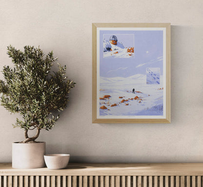 Mt Aragats by Linde Raats, a vertical giclée print showing a lone traveller in a snowy blue mountain landscape with orange rocks and an observatory, ideal as peaceful wall art for a living room or office.