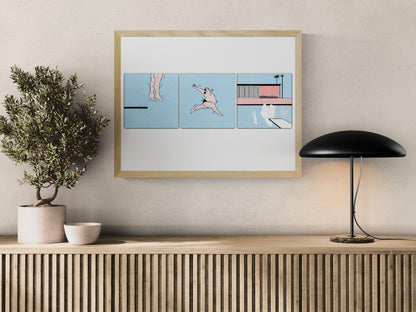 Limited-edition risograph print showing a humorous three-panel diving sequence by Studio Stoutpoep, featuring a playful swimmer, pastel blue background, bold graphic lines, and retro comic-inspired design for modern home decor.