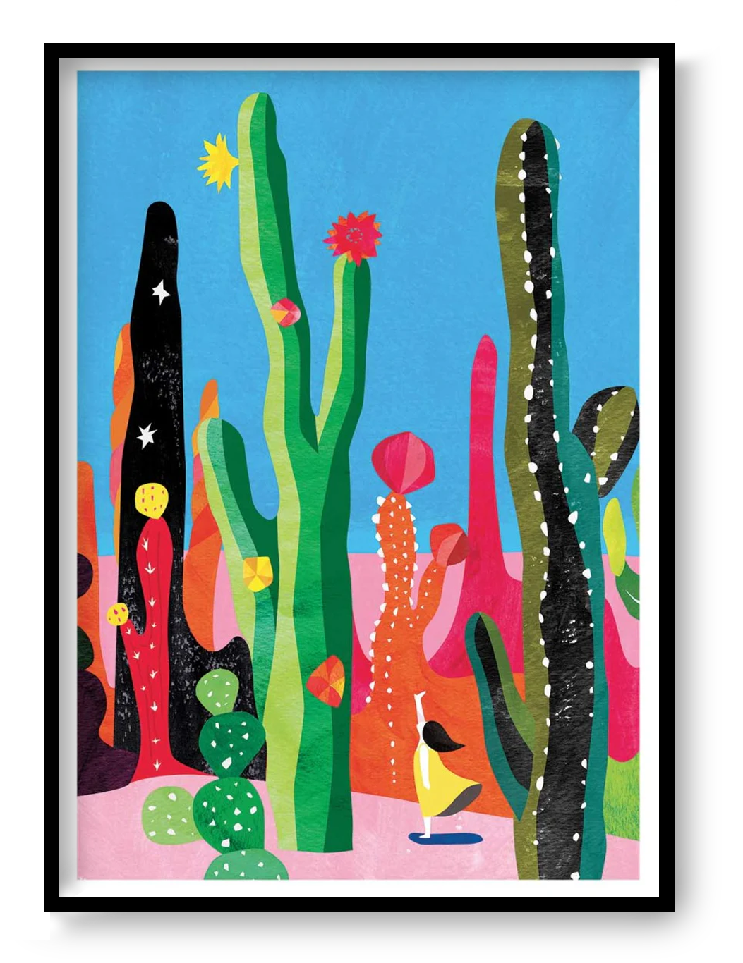 Cactus by Shihotana – 30x40 cm Japanese art print featuring a whimsical girl exploring a surreal desert filled with tall, colorful cacti under a bright sky. Dreamlike illustration in vibrant tones, printed in France on FSC-certified eco paper, unframed wall art inspired by nature and fantasy worlds.