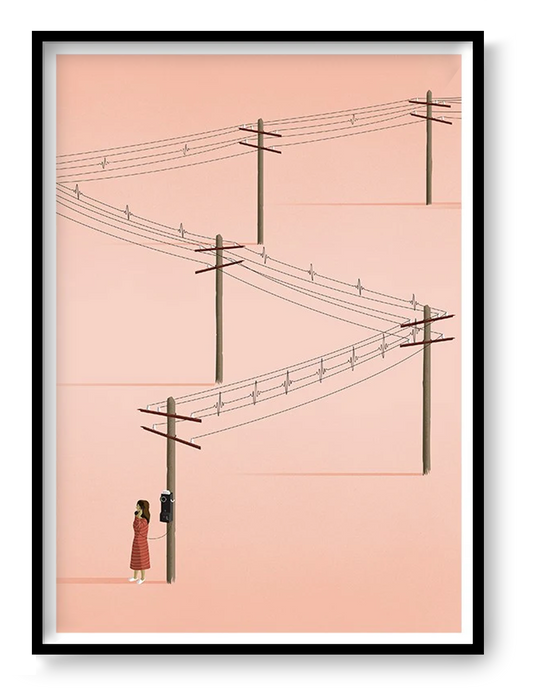 Minimalist art print titled 'Call' by Ana Yael, featuring a woman in a red dress using a vintage telephone on a wooden pole, with telephone wires stretching across a soft pink background – poetic and nostalgic wall art available at Galerie Frits