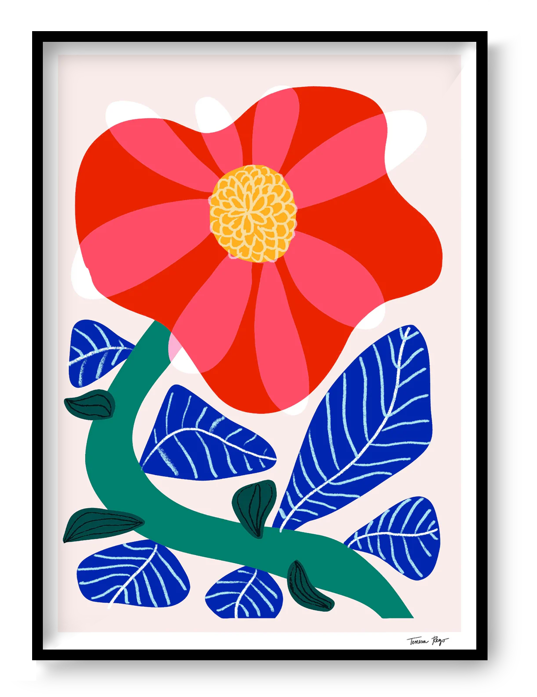 Giclée print of bold camellia flower illustration by Portuguese artist Teresa Rego – vibrant red camellia in bloom with blue graphic leaves and playful green stems, printed on 315 gsm fine art, acid-free, 100% cotton paper using pigment-based inks – premium A3 botanical wall art for modern interiors.