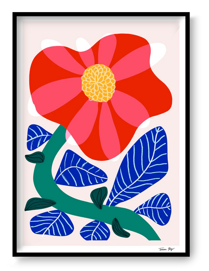 Giclée print of bold camellia flower illustration by Portuguese artist Teresa Rego – vibrant red camellia in bloom with blue graphic leaves and playful green stems, printed on 315 gsm fine art, acid-free, 100% cotton paper using pigment-based inks – premium A3 botanical wall art for modern interiors.