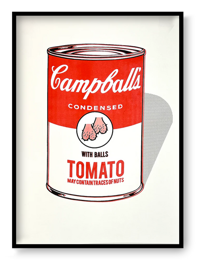 Campballs by Studio Stoutpoep – risograph A2 art print parodying the Campbell’s soup can, featuring the text "Tomato with balls" and humorous testicle icon. Bold pop-art illustration with edgy humor. Printed in Belgium on 300g paper.