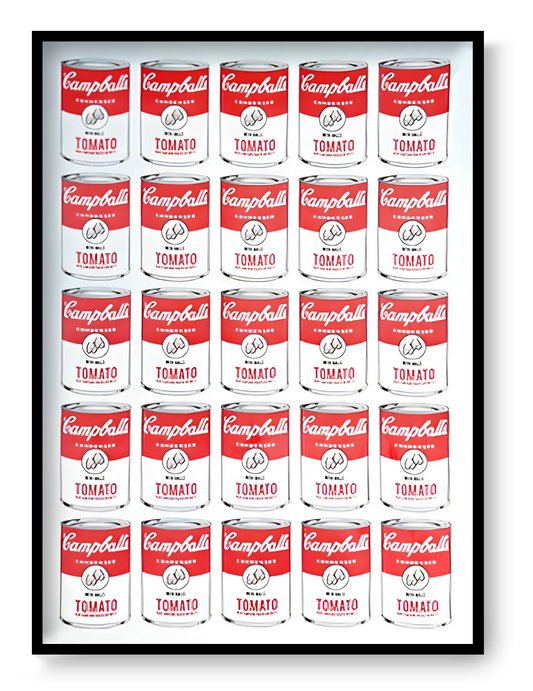 Campballs Andy's Version by Studio Stoutpoep – risograph A2 art print featuring a grid of humorous soup cans parodying Warhol’s Campbell’s series. Red and white tomato cans labeled "with balls" and “may contain traces of nuts.” Printed in Belgium with soy-based inks.