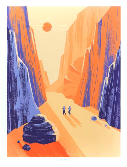 Illustration of Charyn Canyon by Linde Raats featuring two hikers walking through a vast, sunlit desert canyon surrounded by towering orange and purple cliffs. Minimalist landscape art print inspired by natural wonders, perfect for travel lovers, adventure-themed interiors, and contemporary wall decor—available at Galerie Frits