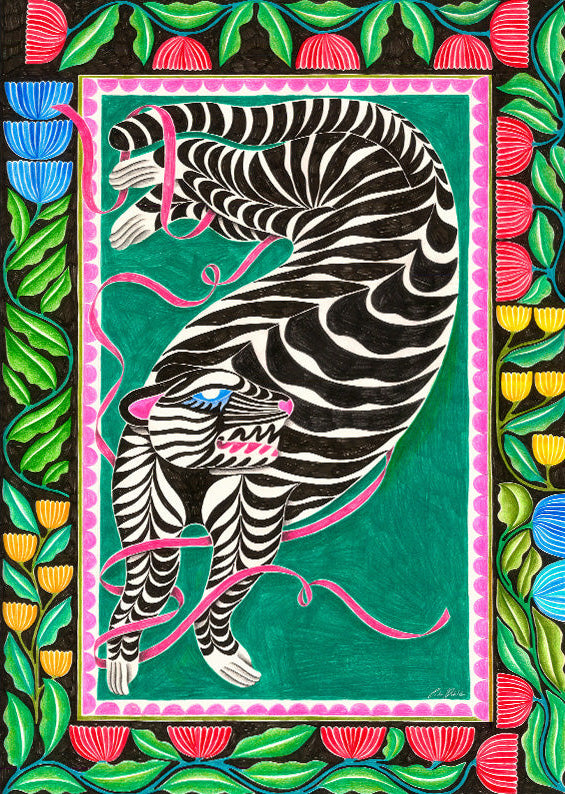 The Acrobate by Carla Petelski, colourful zebra-inspired surreal digital art print with botanical floral border and pink ribbons, contemporary wall art for eclectic interiors