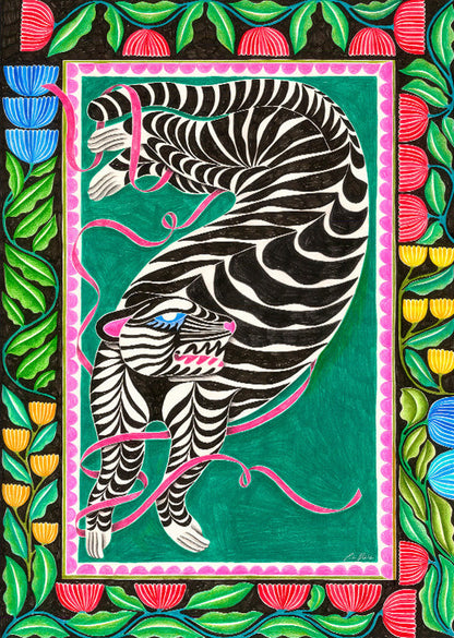The Acrobate by Carla Petelski, colourful zebra-inspired surreal digital art print with botanical floral border and pink ribbons, contemporary wall art for eclectic interiors