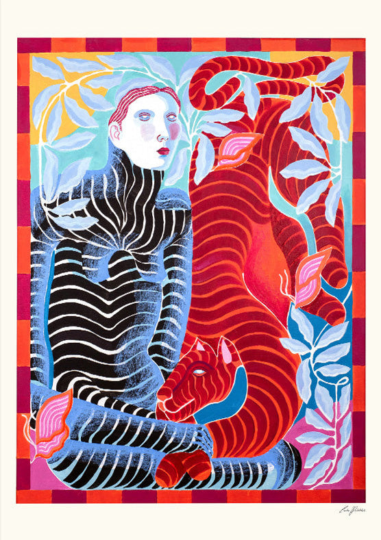 The Affair by Carla Petelski, contemporary figurative fine art print featuring a striped woman and red tiger surrounded by botanical elements in vivid pink, blue, orange, and red tones, modern symbolic wall art for contemporary interiors.