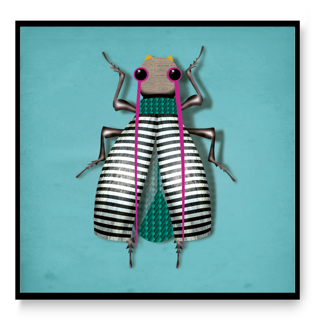 Square art print “Carmen In-Secto” by Studio Frits, colorful insect illustration with graphic stripes and pink accents, modern wall art for contemporary home decor.