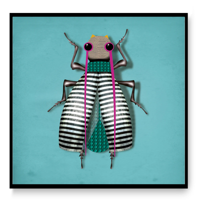 Square art print “Carmen In-Secto” by Studio Frits, colorful insect illustration with graphic stripes and pink accents, modern wall art for contemporary home decor.