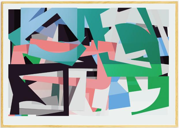 Colorful abstract risograph print by French artist Chufy titled Carré rond, featuring overlapping geometric shapes in green, blue, pink, and black tones. Limited edition A3 art print on Munken Print White 150g paper — modern wall art for design and color lovers.