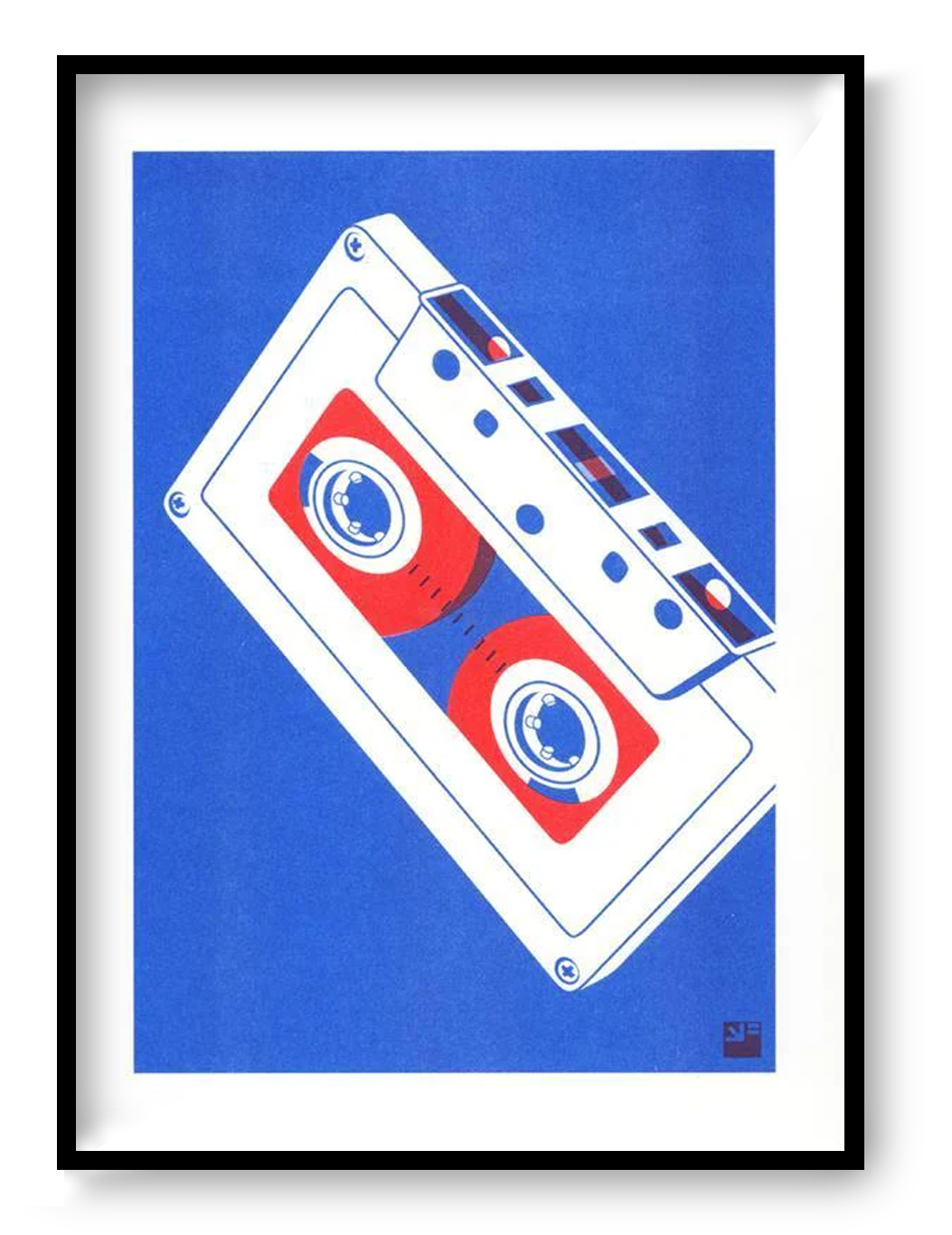Minimalist risograph art print of a vintage cassette tape in red and blue tones by VrijFormaat. Retro-inspired wall art celebrating analog design, printed on 160g Biotop paper in Utrecht, Netherlands. Perfect for design lovers and music enthusiasts.