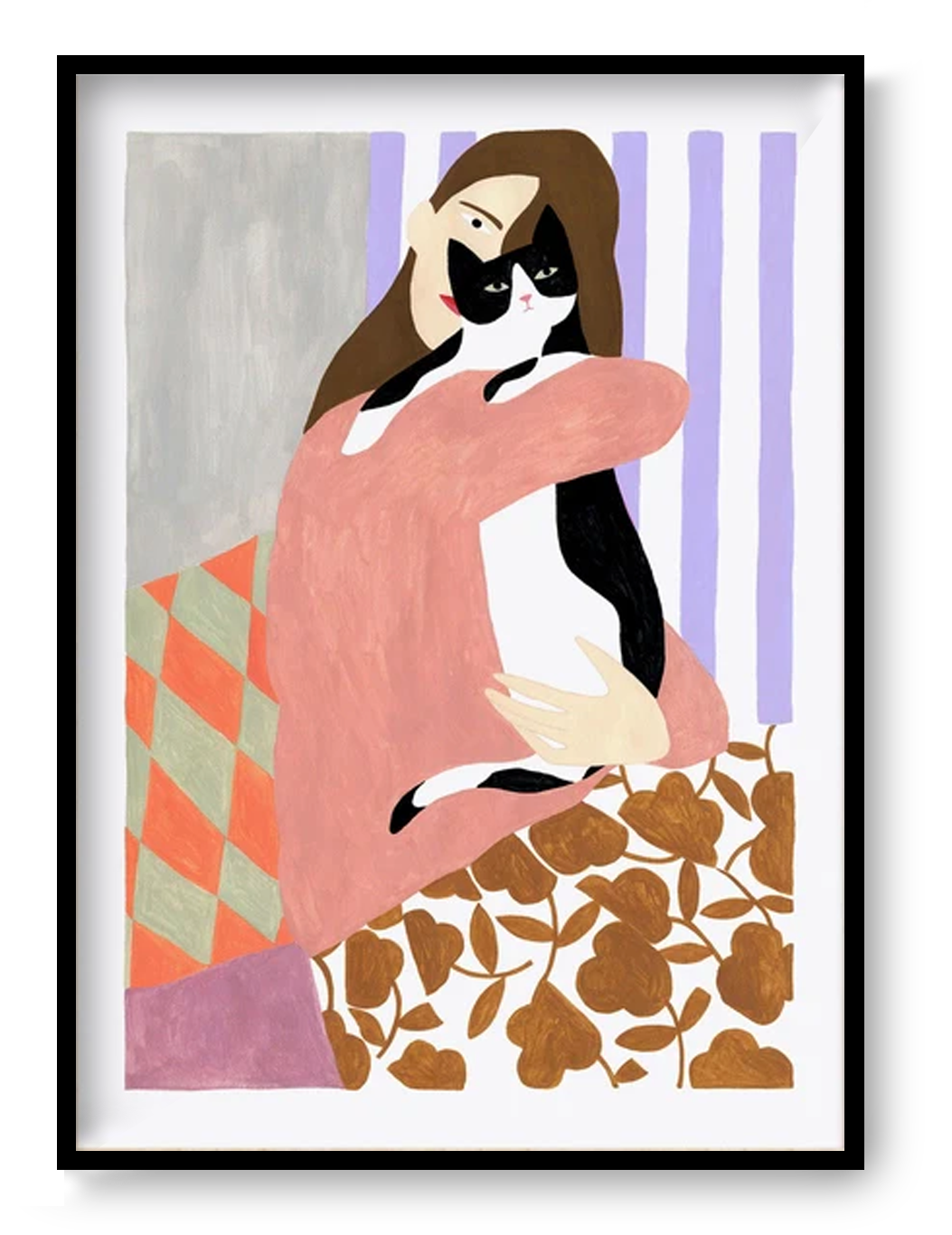 Art print 'Cat and Woman' by Depeapa – modern illustration of a woman lovingly embracing a black and white cat. Contemporary artwork with bold colors, patterned textiles, and minimalist forms. A cozy and emotional composition perfect for cat lovers and modern art collectors, available at Galerie Frits