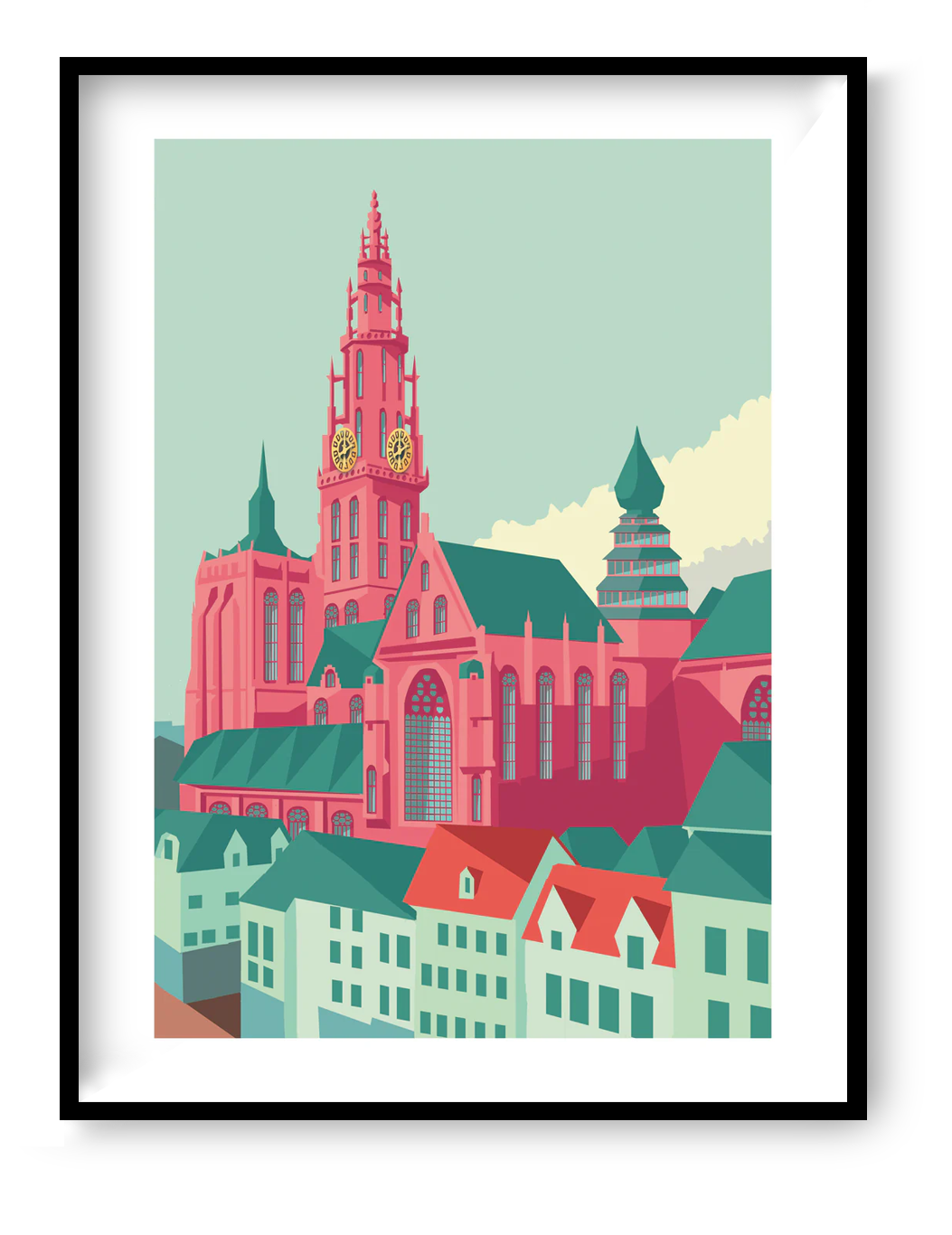 Cathedral Antwerp art print by Studio Frits – colorful architectural illustration of the Cathedral of Our Lady in Antwerp. Featuring bold pinks, greens, and clean lines in a modern graphic style. Perfect for architecture lovers, Belgium art collectors, and vibrant wall décor. Available at Galerie Frits