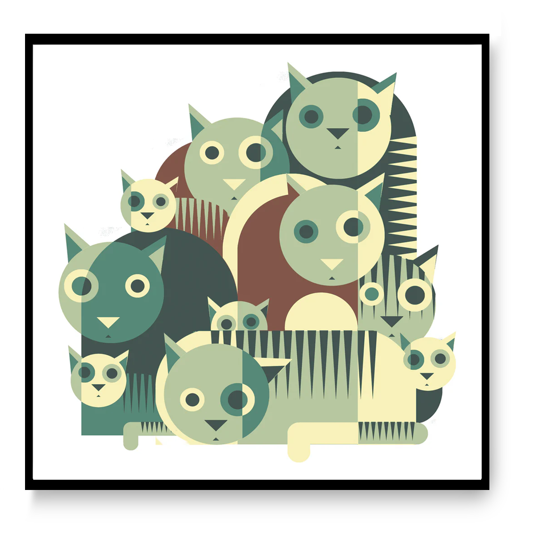 Playful geometric illustration of wide-eyed cats in bold green or orange tones by Belgian artist Gert Paenen. Modern minimalist design with layered shapes and rhythmic patterns, ideal for contemporary interiors, cat lovers, and graphic art collectors. 30 × 30 cm wall art print.