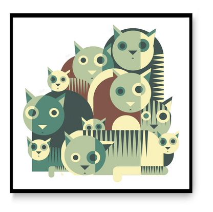 Playful geometric illustration of wide-eyed cats in bold green or orange tones by Belgian artist Gert Paenen. Modern minimalist design with layered shapes and rhythmic patterns, ideal for contemporary interiors, cat lovers, and graphic art collectors. 30 × 30 cm wall art print.