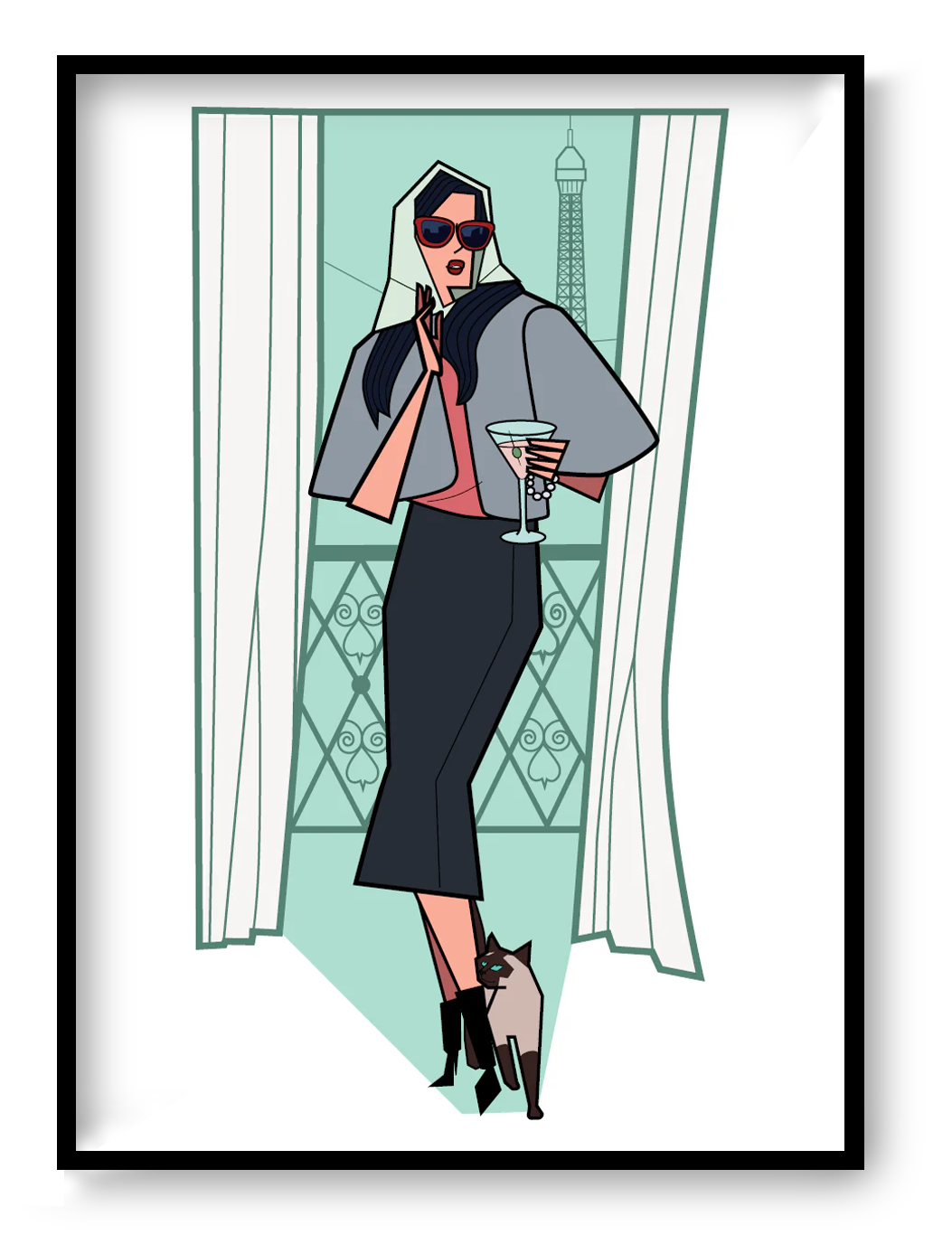 Illustration of a stylish woman in sunglasses holding a cocktail on a Paris balcony with the Eiffel Tower behind her, accompanied by a Siamese cat at her feet; modern geometric style, soft pastel tones, A4/A3 art print by Floor 4 Productions; perfect for chic home décor and contemporary wall art.