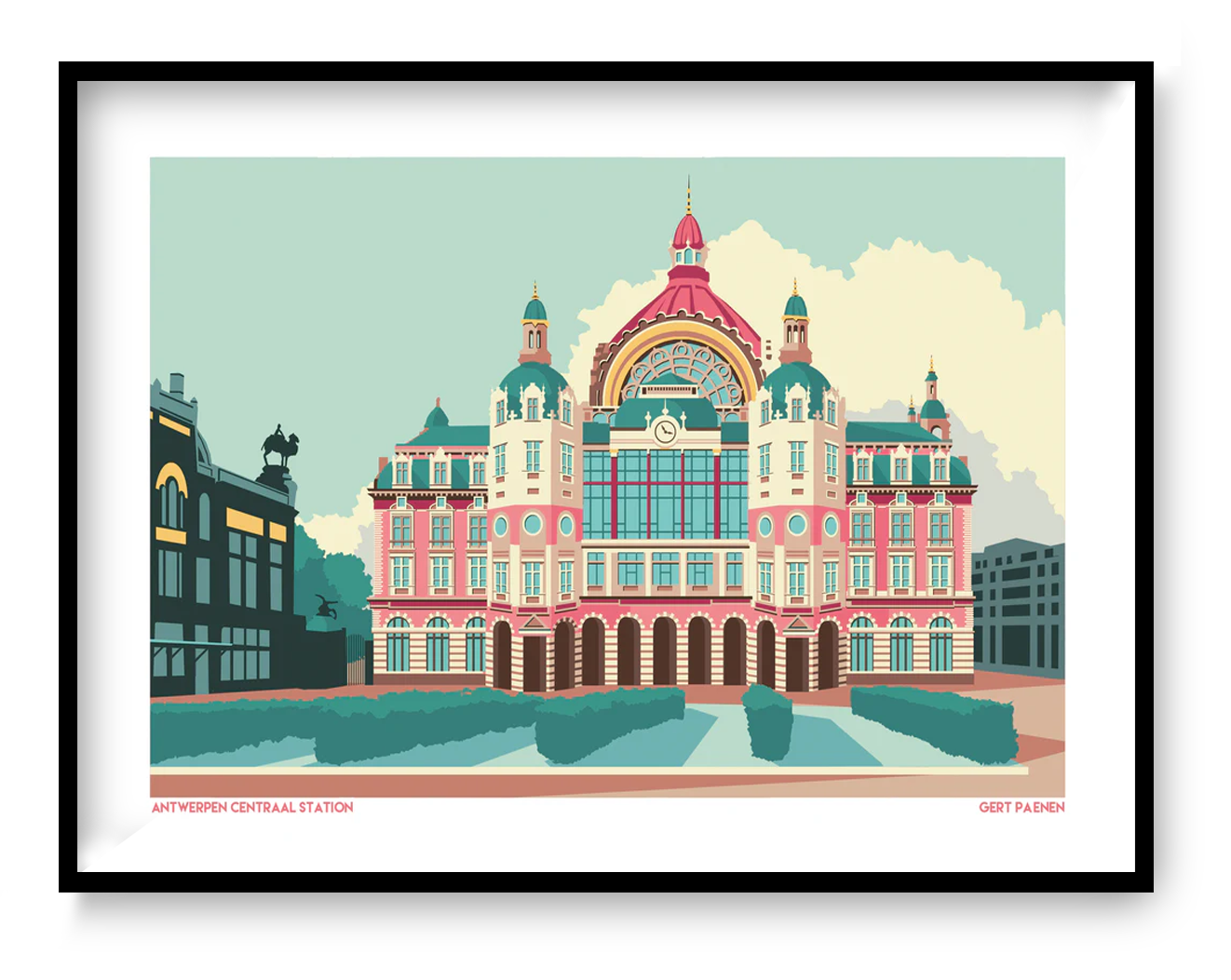 Central Station Antwerp art print by Studio Frits – vibrant architectural illustration of Antwerp's iconic train station in bold pastel tones. Perfect wall decor for architecture lovers, Belgium travel enthusiasts, and collectors of contemporary cityscape prints. Available exclusively at Galerie Frits