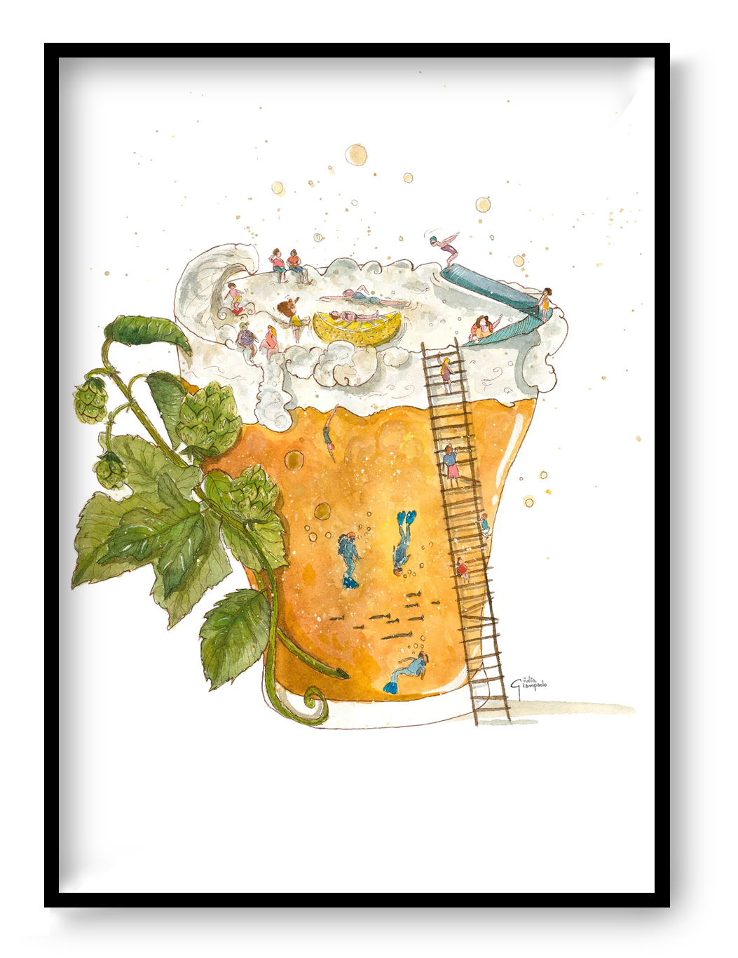 A4 art print of “Cerveza Party” by Giu, a playful watercolor-style illustration showing tiny people diving, sliding and relaxing inside a glass of beer with foam, hops and warm golden tones, printed on Modigliani Neve 320 gsm paper, contemporary illustration made in Belgium.