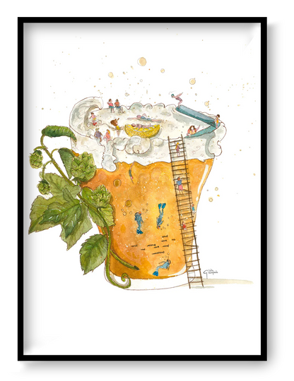 A4 art print of “Cerveza Party” by Giu, a playful watercolor-style illustration showing tiny people diving, sliding and relaxing inside a glass of beer with foam, hops and warm golden tones, printed on Modigliani Neve 320 gsm paper, contemporary illustration made in Belgium.