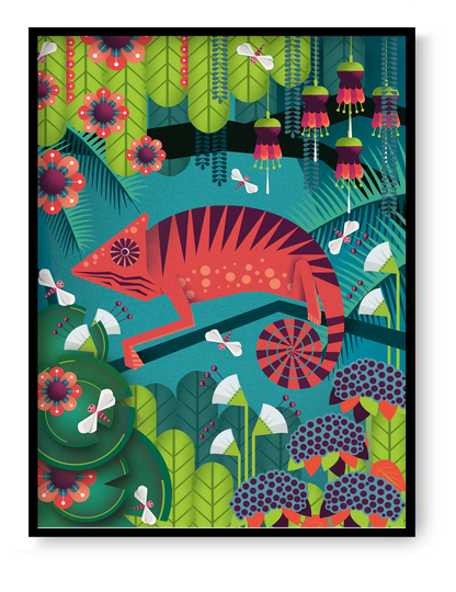 Colorful illustration of a red chameleon by Studio Frits, surrounded by vibrant jungle flora and playful insects. Bold modern wall art with tropical vibes, perfect for kids’ rooms, nature lovers, or exotic interior decor. A unique art print celebrating wildlife, color, and whimsical design—available exclusively at Galerie Frits