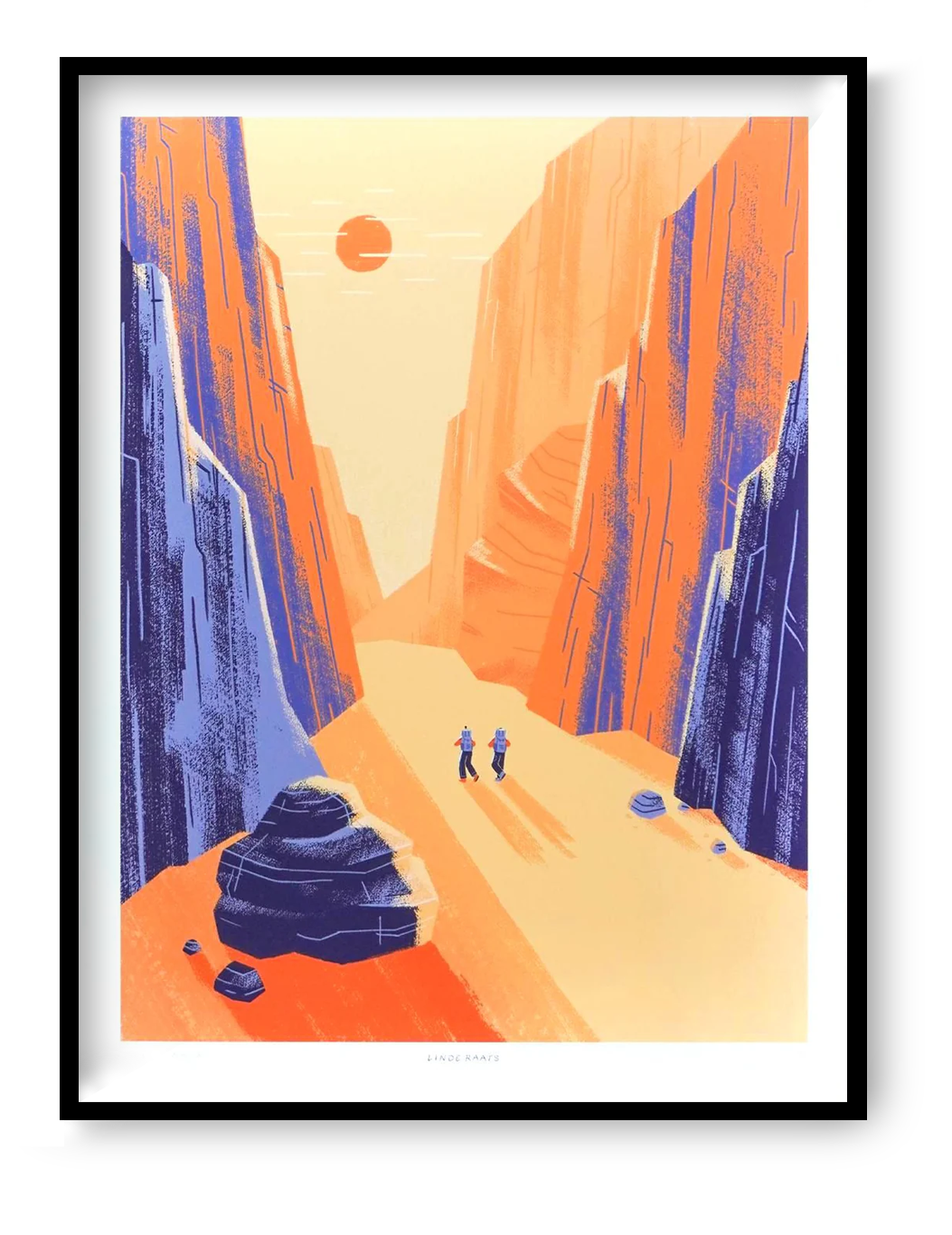 Illustration of Charyn Canyon by Linde Raats featuring two hikers walking through a vast, sunlit desert canyon surrounded by towering orange and purple cliffs. Minimalist landscape art print inspired by natural wonders, perfect for travel lovers, adventure-themed interiors, and contemporary wall decor—available at Galerie Frits