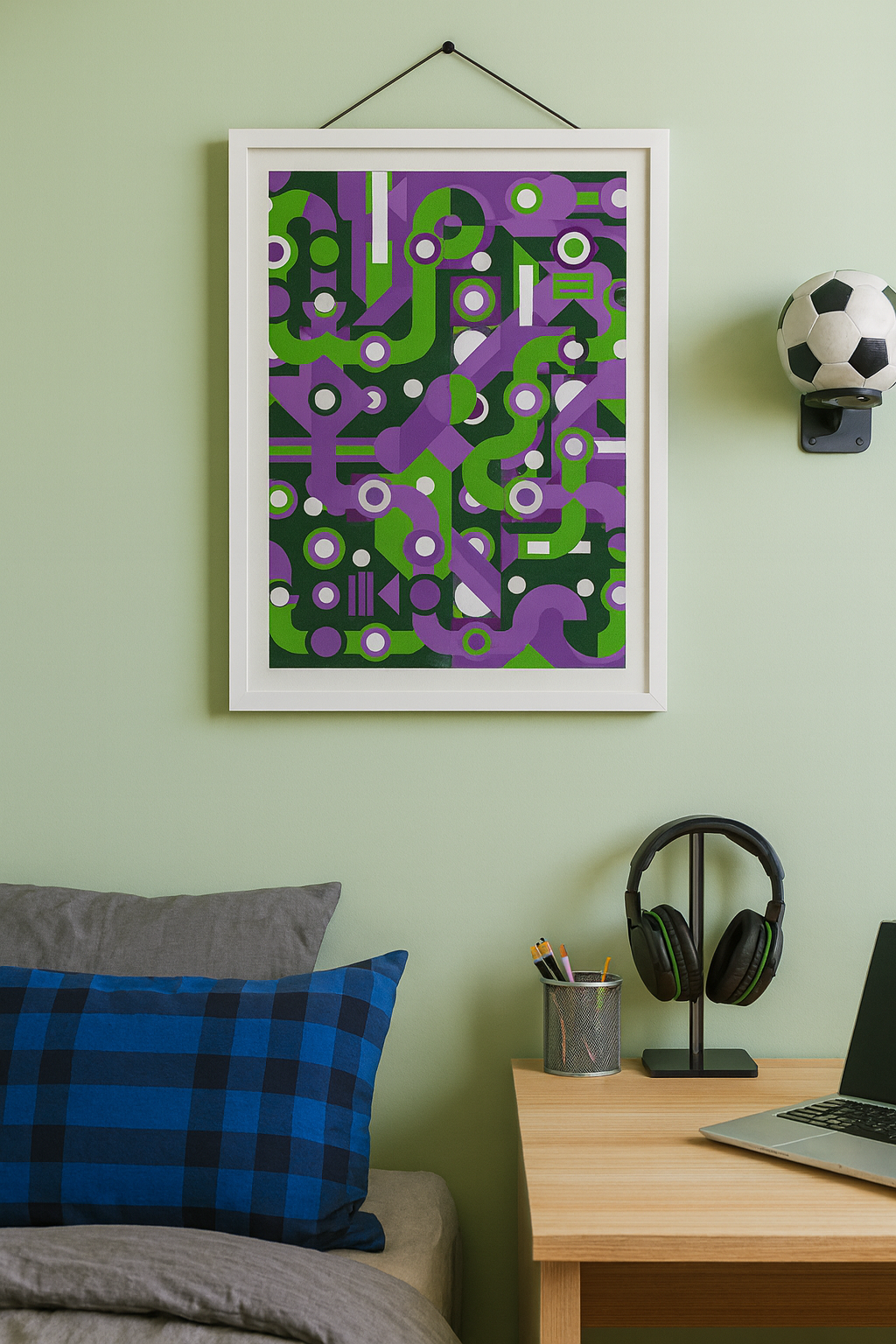 Colorful abstract geometric art print with flowing green and purple lines, circles, and shapes forming a maze-like pattern. Modern wall art by Belgian illustrator Gert Paenen of Studio Frits, perfect for contemporary interiors and design lovers.