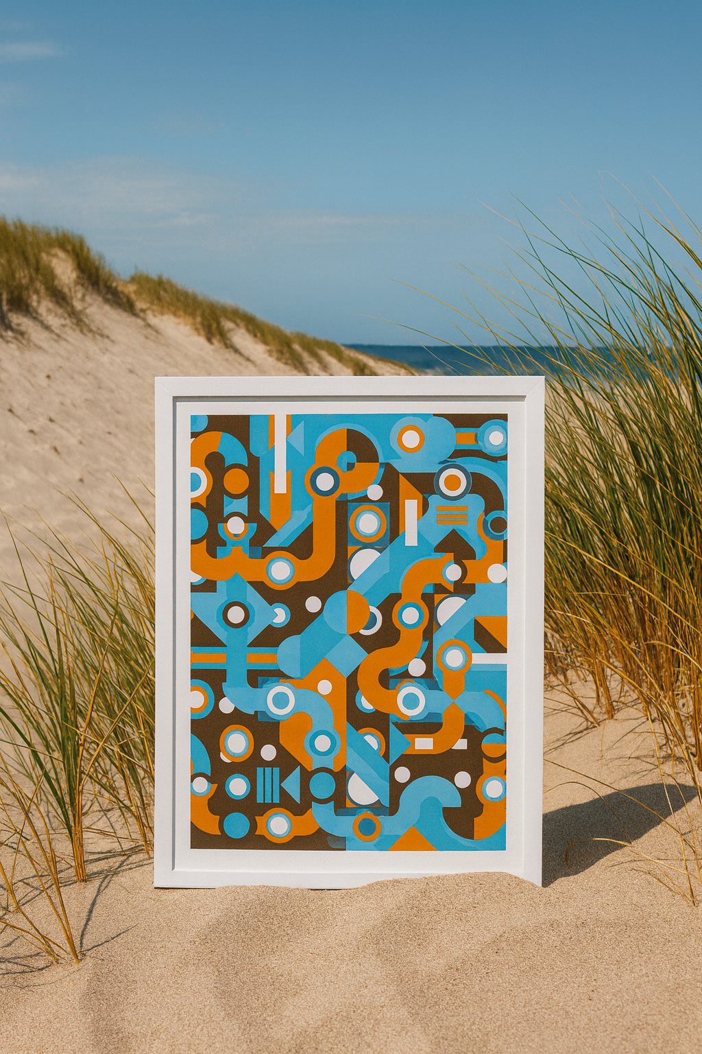 Colorful abstract geometric art print with flowing light blue and orange lines, circles, and shapes forming a maze-like pattern. Modern wall art by Belgian illustrator Gert Paenen of Studio Frits, perfect for contemporary interiors and design lovers.