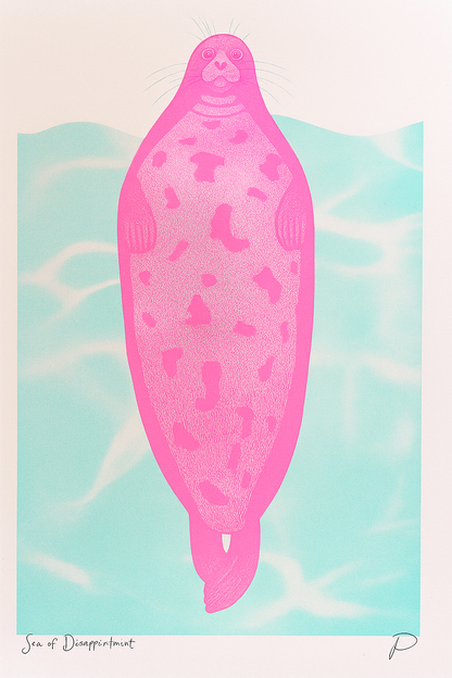 Humorous pink seal risoprint titled "Seal of Disapproval" by Strangford, featuring a bold stylized animal floating over a turquoise water background in A3 size.