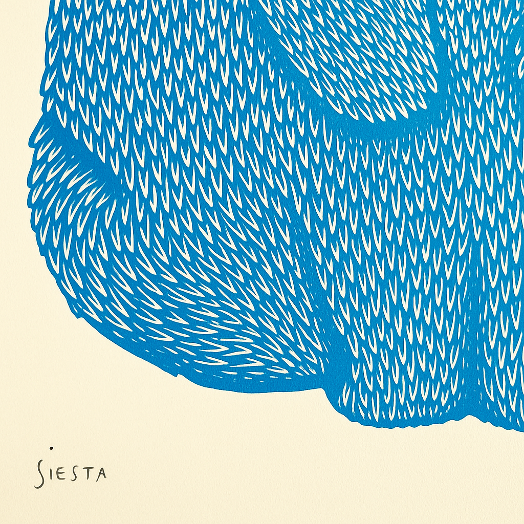Risograph art print titled Siesta by Strangford, featuring a turquoise blue bunny with pink whiskers curled in a peaceful nap, printed on eco-friendly A3 recycled paper in Northern Ireland.