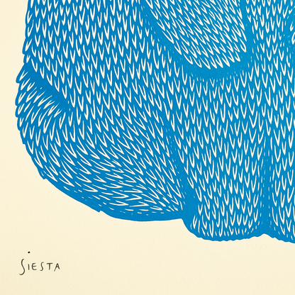 Risograph art print titled Siesta by Strangford, featuring a turquoise blue bunny with pink whiskers curled in a peaceful nap, printed on eco-friendly A3 recycled paper in Northern Ireland.