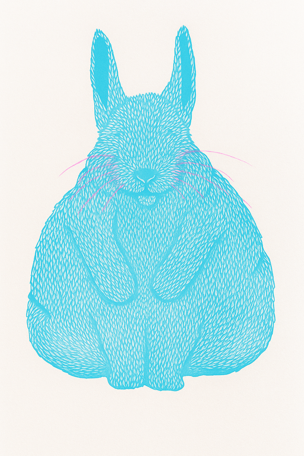 Risograph art print titled Siesta by Strangford, featuring a turquoise blue bunny with pink whiskers curled in a peaceful nap, printed on eco-friendly A3 recycled paper in Northern Ireland.