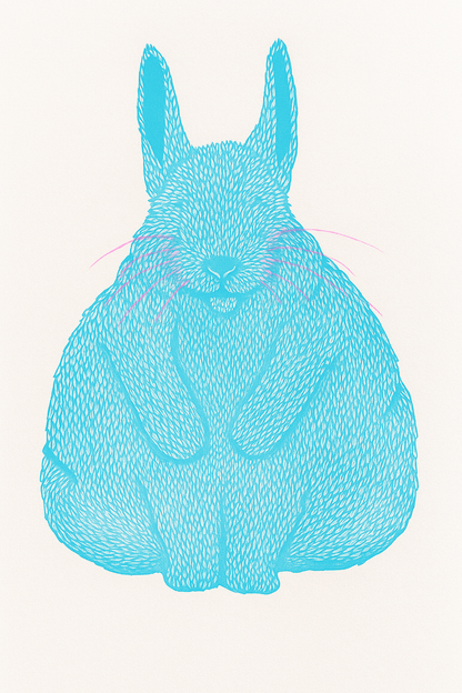Risograph art print titled Siesta by Strangford, featuring a turquoise blue bunny with pink whiskers curled in a peaceful nap, printed on eco-friendly A3 recycled paper in Northern Ireland.