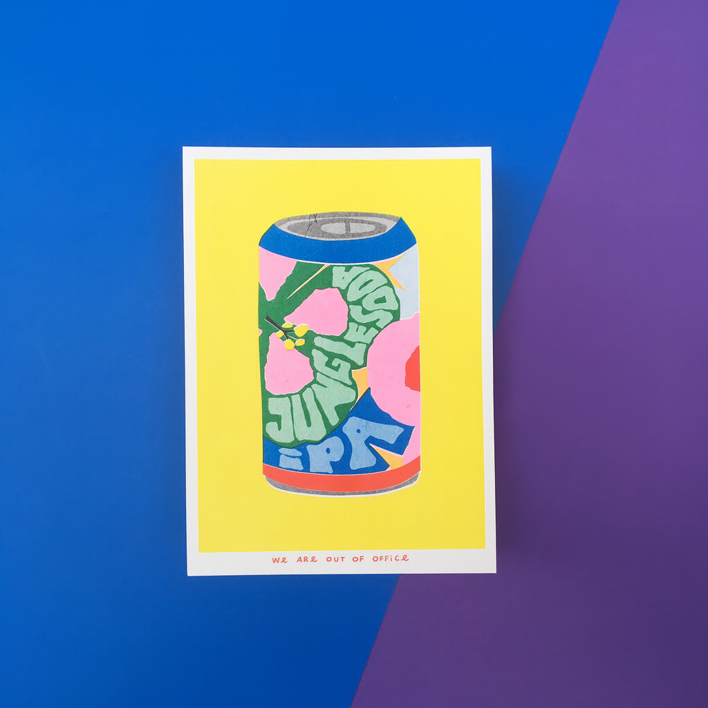 Colorful risograph print of a soda can with floral patterns and bold lettering titled “Jungle Soda IPA” by We Are Out Of Office – small-format wall art with bright yellow background, pop art style, 13 x 18 cm.