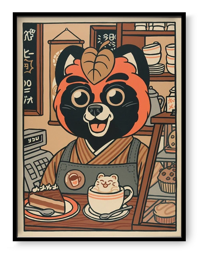 Playful illustration titled ‘Chez Jean-Paul’ by Yeaaah! Studio featuring an anthropomorphic red panda barista in a cozy Japanese-style café, serving a slice of cake and latte art with a smiling bear face. Rich in warm vintage tones and charming details, this whimsical artwork adds a fun, kawaii-inspired touch to any kitchen, coffee nook, or modern eclectic space—available at Galerie Frits