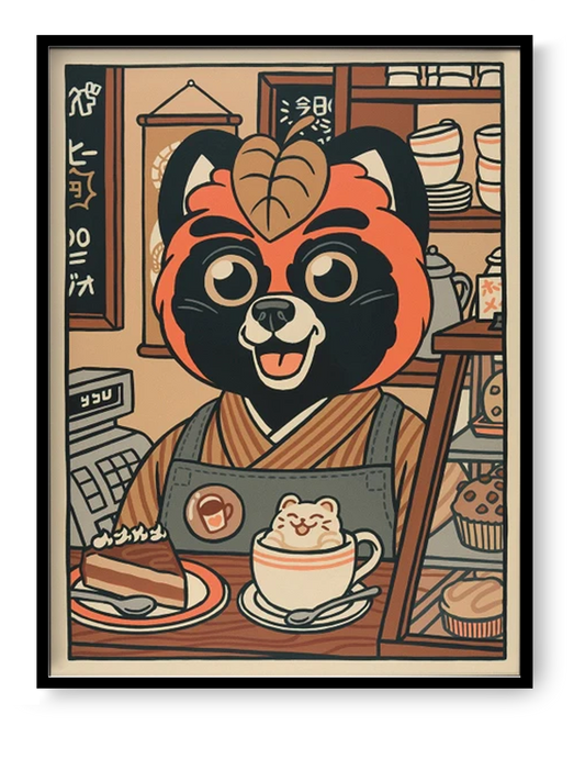 Playful illustration titled ‘Chez Jean-Paul’ by Yeaaah! Studio featuring an anthropomorphic red panda barista in a cozy Japanese-style café, serving a slice of cake and latte art with a smiling bear face. Rich in warm vintage tones and charming details, this whimsical artwork adds a fun, kawaii-inspired touch to any kitchen, coffee nook, or modern eclectic space—available at Galerie Frits