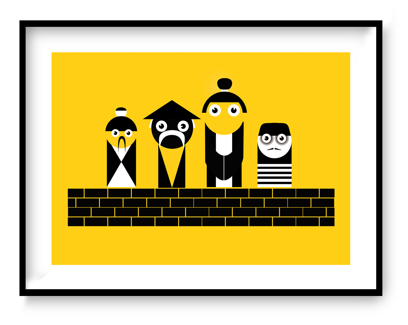 Bold and playful graphic illustration titled ‘Chinese’ by Studio Frits, featuring four stylized black-and-white cartoon characters with geometric shapes against a vibrant yellow background. This modern art print blends minimalism with cultural motifs, perfect for contemporary interiors, kids’ rooms, or design lovers who appreciate quirky wall decor. Available at Galerie Frits